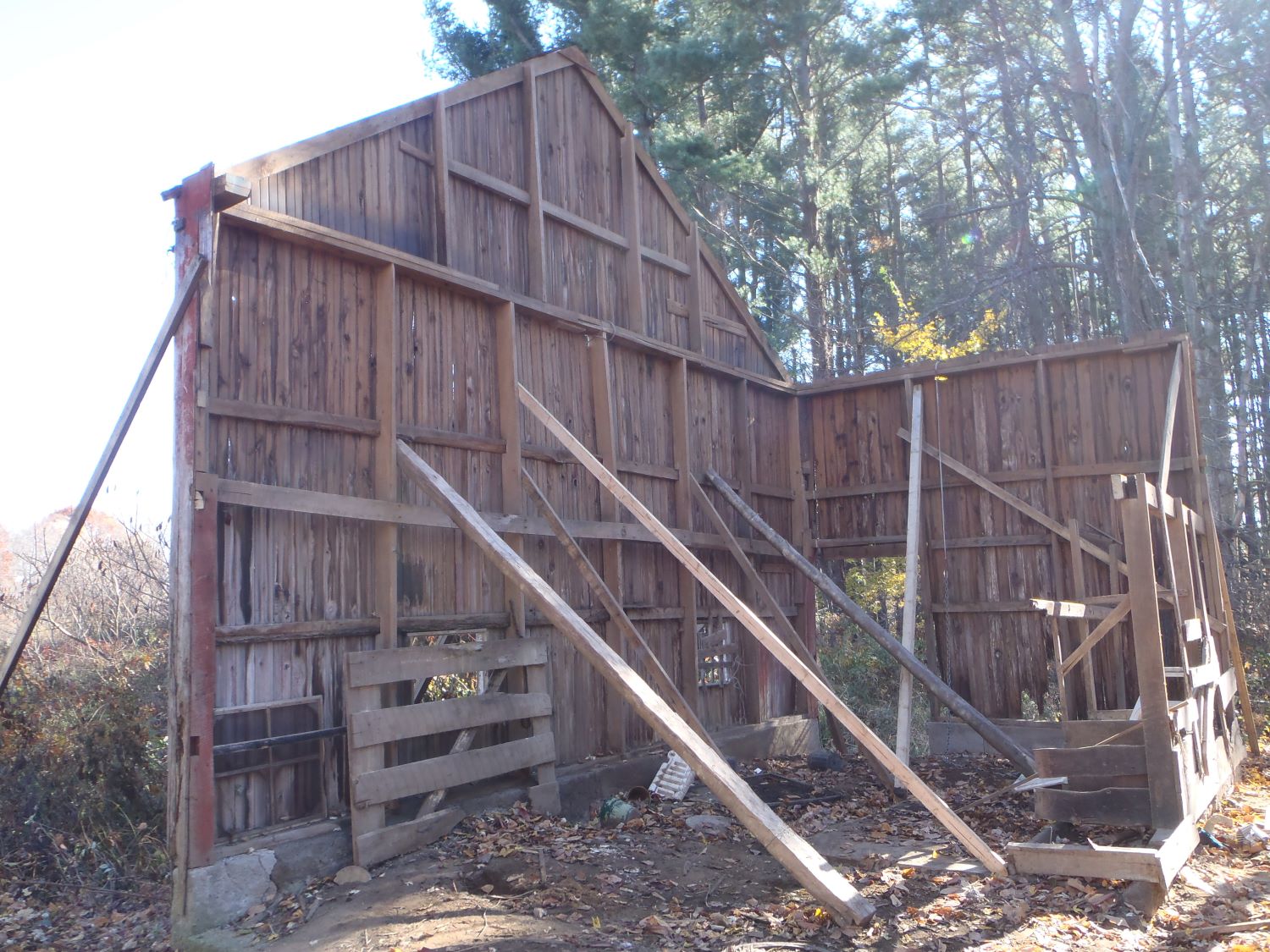 A partially deconstructed Michigan barn